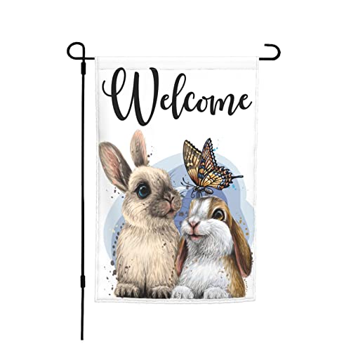 Cute Rabbit and Butterfly Garden Flags Premium Bunny Animals Design Yard Flag Holiday Party Flag Outdoor Farmhouse Decor Home Porch Flags 12 x 18 Inch