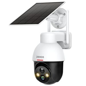 dekco solar security camera wireless outdoor, 2k night vision with spotlight, pan tilt 360° view, 2.4ghz wifi, 2-way talk, human detection, cloud/sd video surveillance dc9e