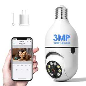 light bulb security camera 3mp—only connect 2.4ghz wifi wireless indoor surveillance camera, 1080p hd 355° pan/tilt baby monitor auto tracking/night vision/2-way talk/alerts/tf/cloud(no 5ghz wifi)