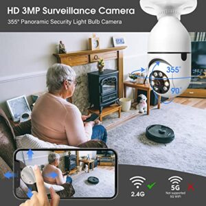 Light Bulb Security Camera 3MP—Only Connect 2.4GHz WiFi Wireless Indoor Surveillance Camera, 1080p HD 355° Pan/Tilt Baby Monitor Auto Tracking/Night Vision/2-Way Talk/Alerts/TF/Cloud(No 5GHz WiFi)