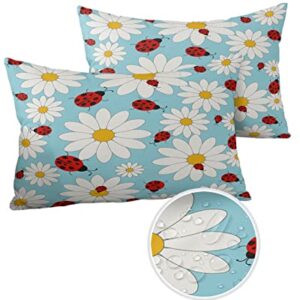 Outdoor Pillow Covers Set of 2, Daisy Ladybug Waterproof Throw Pillow Covers Fresh Flower Garden Patio Furniture Cushion Cover for Sofa Outdoor Decor, 20x12inch