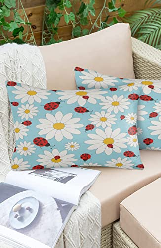 Outdoor Pillow Covers Set of 2, Daisy Ladybug Waterproof Throw Pillow Covers Fresh Flower Garden Patio Furniture Cushion Cover for Sofa Outdoor Decor, 20x12inch