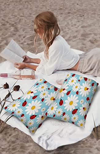 Outdoor Pillow Covers Set of 2, Daisy Ladybug Waterproof Throw Pillow Covers Fresh Flower Garden Patio Furniture Cushion Cover for Sofa Outdoor Decor, 20x12inch