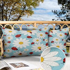 Outdoor Pillow Covers Set of 2, Daisy Ladybug Waterproof Throw Pillow Covers Fresh Flower Garden Patio Furniture Cushion Cover for Sofa Outdoor Decor, 20x12inch