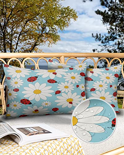 Outdoor Pillow Covers Set of 2, Daisy Ladybug Waterproof Throw Pillow Covers Fresh Flower Garden Patio Furniture Cushion Cover for Sofa Outdoor Decor, 20x12inch