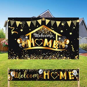 2 pieces welcome banner reunion decorations kit with homecoming backdrop and banner fabric welcome back yard sign black gold homecoming banner photography backdrop for family party home decoration