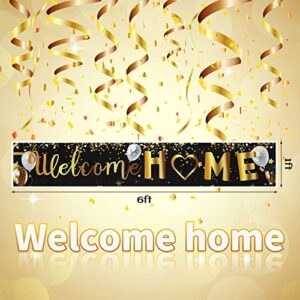 2 Pieces Welcome Banner Reunion Decorations Kit with Homecoming Backdrop and Banner Fabric Welcome Back Yard Sign Black Gold Homecoming Banner Photography Backdrop for Family Party Home Decoration