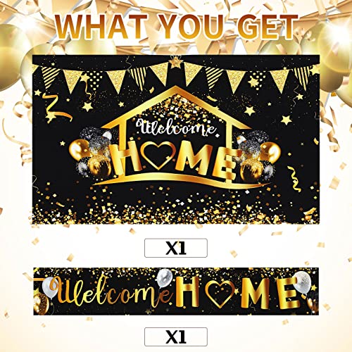 2 Pieces Welcome Banner Reunion Decorations Kit with Homecoming Backdrop and Banner Fabric Welcome Back Yard Sign Black Gold Homecoming Banner Photography Backdrop for Family Party Home Decoration