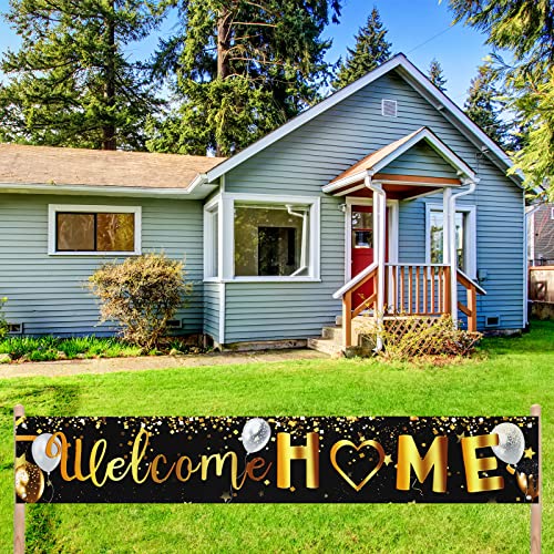 2 Pieces Welcome Banner Reunion Decorations Kit with Homecoming Backdrop and Banner Fabric Welcome Back Yard Sign Black Gold Homecoming Banner Photography Backdrop for Family Party Home Decoration