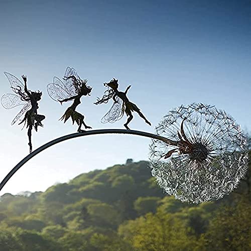 KINHA Fairy Dandelion Sculptures Fairy Dandelion Sculptures Garden Stakes Dramatic Fairy Sculptures Dancing with Dandelions,Wind Catcher for Home Garden Patio Yard Decoration with Standing Pole