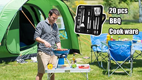 BBQ Grill Tools Set, 20 PCS BarbecueTools for Garden Party, Stainless Steel Grill BBQ Utensils Set for Outdoor Camping Cross-Country, Utensils Case for Travel (20 PCS)