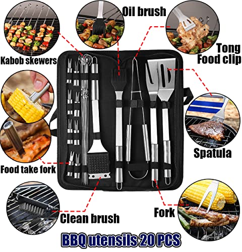 BBQ Grill Tools Set, 20 PCS BarbecueTools for Garden Party, Stainless Steel Grill BBQ Utensils Set for Outdoor Camping Cross-Country, Utensils Case for Travel (20 PCS)