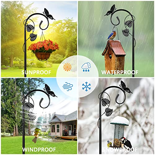 Art Elf Shepherds Hooks for Outdoor Bird Feeder Pole Hanger 67 Inches Plant Hooks with 5 Prongs Base Stainless Metal Adjustable Garden Hanging Holder for Lanterns Weddings Decor Butterfly 2-Pack Black