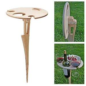 JIANWEI Foldable Wine Table Stake for Sand and Grass- Portable Beach Table Sturdy Wine Table, Lawn and Garden, Round Wooden Camping Picnic Glass Holder for Outdoor, Beach(C)