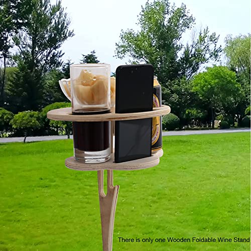 JIANWEI Foldable Wine Table Stake for Sand and Grass- Portable Beach Table Sturdy Wine Table, Lawn and Garden, Round Wooden Camping Picnic Glass Holder for Outdoor, Beach(C)