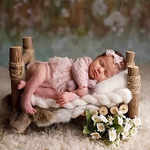 Pink Lace Newborn Photography Outfits Girl Newborn Photography Props Pearl Lace Rompers Newborn Girl Lace Romper Photoshoot Outfits Baby Photo Props (Long Sleeve, Pink, 0-2Months)