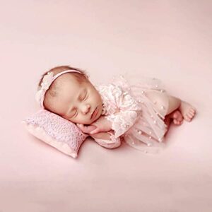 Pink Lace Newborn Photography Outfits Girl Newborn Photography Props Pearl Lace Rompers Newborn Girl Lace Romper Photoshoot Outfits Baby Photo Props (Long Sleeve, Pink, 0-2Months)