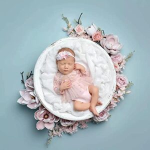 Pink Lace Newborn Photography Outfits Girl Newborn Photography Props Pearl Lace Rompers Newborn Girl Lace Romper Photoshoot Outfits Baby Photo Props (Long Sleeve, Pink, 0-2Months)