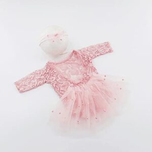 Pink Lace Newborn Photography Outfits Girl Newborn Photography Props Pearl Lace Rompers Newborn Girl Lace Romper Photoshoot Outfits Baby Photo Props (Long Sleeve, Pink, 0-2Months)