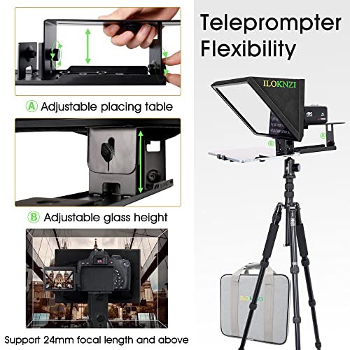 ILOKNZI i2/12inch/Black, Liftable Teleprompter with Remote Control and app Metal for 12.9" Tablets with Adjustable Tempered Optical Glass Supports Webcam Wide Angle Camera Lens Studio Make Videos