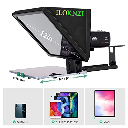 ILOKNZI i2/12inch/Black, Liftable Teleprompter with Remote Control and app Metal for 12.9" Tablets with Adjustable Tempered Optical Glass Supports Webcam Wide Angle Camera Lens Studio Make Videos