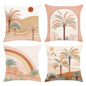 bonhause tropical palm tree pillow covers 18×18 set of 4 boho arch rainbow decorative pillows case soft velvet for couch sofa patio garden decor