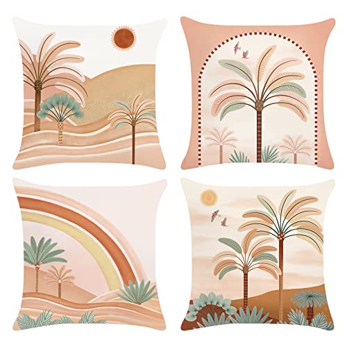 Bonhause Tropical Palm Tree Pillow Covers 18x18 Set of 4 Boho Arch Rainbow Decorative Pillows Case Soft Velvet for Couch Sofa Patio Garden Decor