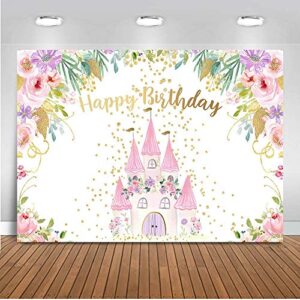 mocsicka pink castle birthday backdrop princess floral birthday party decorations photo backdrops gold dots sweet girl’s bday photography background (7x5ft)