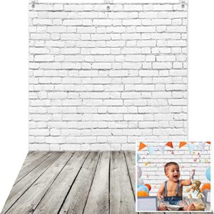 giumsi polyester 5×7.7ft white brick wall with wooden floor photography backdrop with 3 hooks for baby shower newborn portrait photo background shoot props