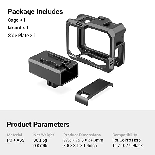 SmallRig Hero11 Cage / HERO10 Black Cage / HERO9 Cage for GoPro with 2 Cold Shoe Mounts for Mic and Led Video Light for GoPro Hero 11/10 / 9 Black 3083B