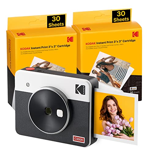 KODAK Mini Shot 3 Retro 4PASS 2-in-1 Instant Digital Camera and Photo Printer (3x3 inches) + 68 Sheets Cartridge Bundle, White