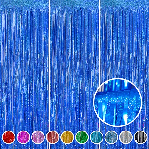 Foil Fringe Curtains Party Decorations - Melsan 3 Pack 3.2 x 8.2 ft Tinsel Curtain Party Photo Backdrop for Birthday Party Baby Shower or Graduation Decorations Navy