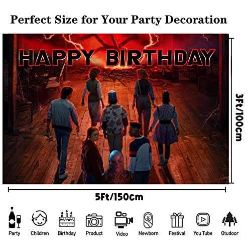 Stranger Happy Birthday Backdrop Banner, 5x3FT Stranger Party Supplies Movie Themd Birthday Party Decorations Party Supplies For Kids Boys Girls Party