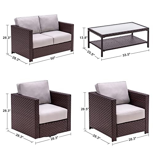 MCombo 4 Pieces Outdoor Patio Furniture Set, Swivel Lounge Chair and Cushion, Wicker Conversation Set with Tempered Glass Table, Outdoor Furniture Chair Set for Lawn Balcony Gazebo, 9575BR-BG