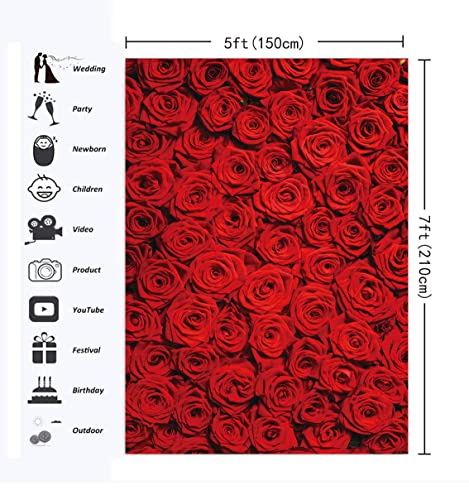 RUINI Red Rose Floral Wedding Photography Backdrop Roses Wall Lovers Girls Children Photos Backdrop 5x7FT