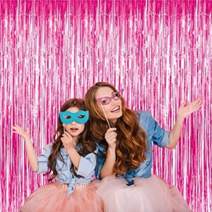 GOER 3.2 ft x 9.8 ft Metallic Tinsel Foil Fringe Curtains Party Photo Backdrop Party Streamers for Galentines Day,Birthday,Graduation,New Year Eve Decorations Wedding Decor (3 Pcs, Hot Pink)