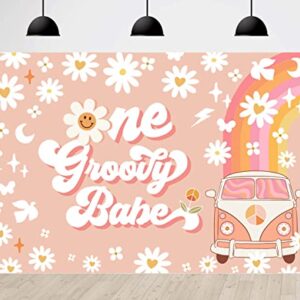 One Groovy Happy Birthday Backdrop for Girls Retro Boho 1st Birthday Party Photo Background Girl Daisy Floral Happy 1st Birthday Newborn Baby Party Decorations Cake Table Banner 5x3ft