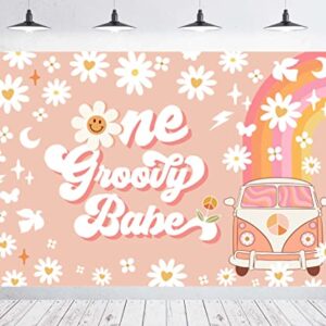 One Groovy Happy Birthday Backdrop for Girls Retro Boho 1st Birthday Party Photo Background Girl Daisy Floral Happy 1st Birthday Newborn Baby Party Decorations Cake Table Banner 5x3ft