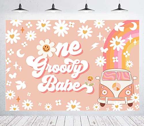 One Groovy Happy Birthday Backdrop for Girls Retro Boho 1st Birthday Party Photo Background Girl Daisy Floral Happy 1st Birthday Newborn Baby Party Decorations Cake Table Banner 5x3ft