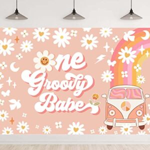 One Groovy Happy Birthday Backdrop for Girls Retro Boho 1st Birthday Party Photo Background Girl Daisy Floral Happy 1st Birthday Newborn Baby Party Decorations Cake Table Banner 5x3ft