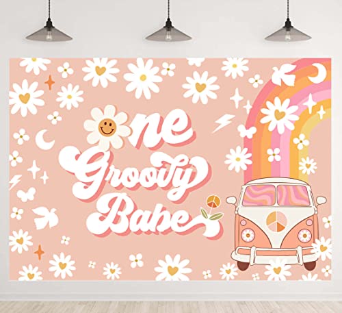 One Groovy Happy Birthday Backdrop for Girls Retro Boho 1st Birthday Party Photo Background Girl Daisy Floral Happy 1st Birthday Newborn Baby Party Decorations Cake Table Banner 5x3ft