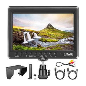 neewer f100 7 inch camera field monitor video assist slim ips 1280×800 hdmi input 1080p with sunshade for dslr cameras, handheld stabilizer, film video making rig (battery and adapter not included)