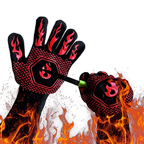 BBQ Fireproof Gloves - Grill Cut-Resistant Gloves 1472°F Extreme Heat Resistant, Silicone Non-Slip Oven Gloves for for Kitchen Garden BBQ Grilling and Outdoor Cooking Campfire