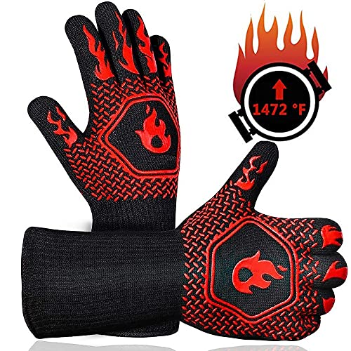 BBQ Fireproof Gloves - Grill Cut-Resistant Gloves 1472°F Extreme Heat Resistant, Silicone Non-Slip Oven Gloves for for Kitchen Garden BBQ Grilling and Outdoor Cooking Campfire