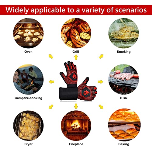 BBQ Fireproof Gloves - Grill Cut-Resistant Gloves 1472°F Extreme Heat Resistant, Silicone Non-Slip Oven Gloves for for Kitchen Garden BBQ Grilling and Outdoor Cooking Campfire