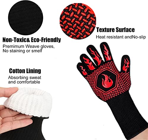 BBQ Fireproof Gloves - Grill Cut-Resistant Gloves 1472°F Extreme Heat Resistant, Silicone Non-Slip Oven Gloves for for Kitchen Garden BBQ Grilling and Outdoor Cooking Campfire