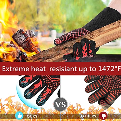 BBQ Fireproof Gloves - Grill Cut-Resistant Gloves 1472°F Extreme Heat Resistant, Silicone Non-Slip Oven Gloves for for Kitchen Garden BBQ Grilling and Outdoor Cooking Campfire