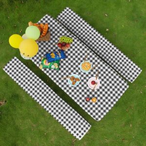 Easy-Going 100% Waterproof Picnic Outdoor Tablecloth with Bench Covers Fit 6 Foot Rectangle Table, 3-Piece Set Camping Table Cover with Seat Covers (30x72 in, Black-Checkered)