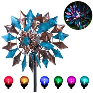 hongland solar powered wind spinner with crackle ball 74 inch led lighting windmill metal wind sculpture stake for garden outdoor yard lawn decoration