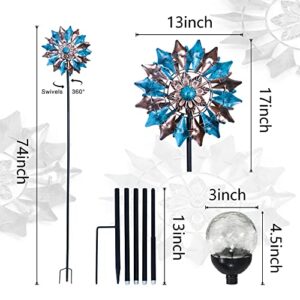 HONGLAND Solar Powered Wind Spinner with Crackle Ball 74 inch Led Lighting Windmill Metal Wind Sculpture Stake for Garden Outdoor Yard Lawn Decoration